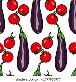Vector seamless pattern with hand drawn ripe aubergines with cherry tomatoes. Cool vegetable pattern, perfect for prints and patterns 