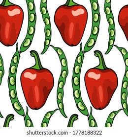 Vector seamless pattern with hand drawn Pimento peppers and green bean pods. Beautiful healthy food design elements, ink drawing. Perfect for prints and patterns