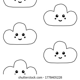 Vector seamless pattern of hand drawn doodle sketch cloud with face isolated on white background