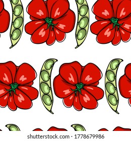 Vector seamless pattern with hand drawn Fava bean pods and ripe Genovese tomatoes. Beautiful food design elements, ink drawing. Perfect for prints and patterns