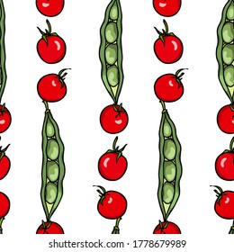 Vector seamless pattern with hand drawn Fava bean pods and red cherry tomatoes. Beautiful food design elements, ink drawing. Perfect for prints and patterns