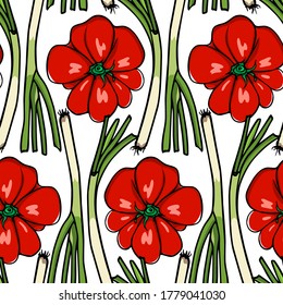 Vector seamless pattern with hand drawn ripe tomatoes and spring onions. Beautiful food design elements, ripe vegetables illustration. Perfect for prints and patterns