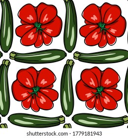 Vector seamless pattern with hand drawn Raven zucchini and Genovese tomatoes. Ink drawing, beautiful vegetarian design elements. Perfect for prints and patterns