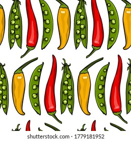 Vector seamless pattern with  hand drawn red Tabasco peppers and Sugar pea pods. Ink drawing, beautiful vegetarian design elements. Perfect for prints and patterns