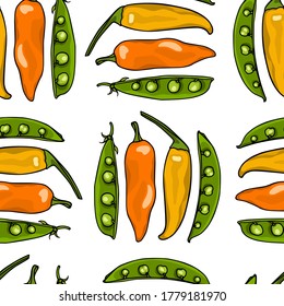 Vector seamless pattern with  hand drawn red Tabasco peppers and Sugar pea pods. Ink drawing, beautiful vegetarian design elements. Perfect for prints and patterns