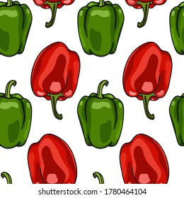 Vector seamless pattern with hand drawn red and green bell peppers. Beautiful food design elements, ink drawing. Perfect for prints and patterns