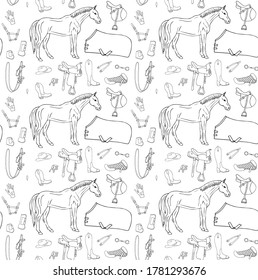 Vector seamless pattern of hand drawn doodle sketch horse riding equestrian equipment isolated on white background