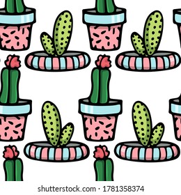 Vector seamless pattern with hand drawn succulents and cacti in painted pots. Ink drawing, graphic style. Beautiful floral design elements, perfect for prints and patterns