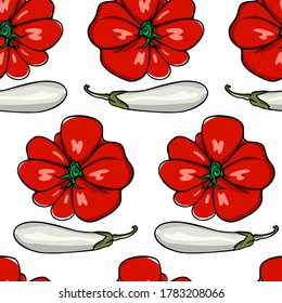 Vector seamless pattern with hand drawn ripe white eggplants and Genovese tomatoes. Cool vegetable design elements, perfect for prints and patterns