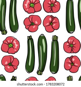 Vector seamless pattern with  hand drawn Raven zucchini and Brandywine tomatoes. Ink drawing, beautiful vegetarian design elements. Perfect for prints and patterns