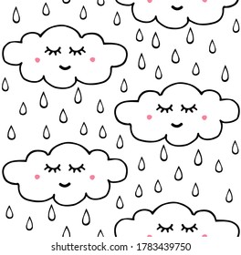 Vector seamless pattern of hand drawn doodle sketch raining clouds with face isolated on white background