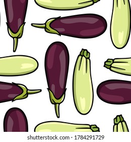 Vector seamless pattern with hand drawn ripe Santana eggplants and Magda zucchini. Beautiful food design elements, perfect for prints and patterns