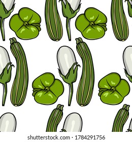 Vector seamless pattern with hand drawn ripe white eggplants, striped zucchini and green heirloom tomatoes. Beautiful food design elements, perfect for prints and patterns