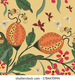 Vector seamless pattern with hand drawn exotic flowers, leaves, butterflies. Colorful tropical texture. Doodle style background. Repeat design for tileable print, decor, wallpapers, textile, wrapping