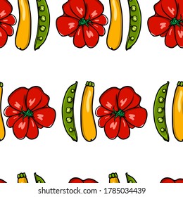 Vector seamless pattern with hand drawn ripe heirloom tomatoes, green pea pods and yellow zucchini. Beautiful healthy food design elements, perfect for prints and patterns.