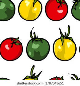 Vector seamless pattern with hand drawn colorful cherry tomatoes. Beautiful food design elements, perfect for prints and patterns.