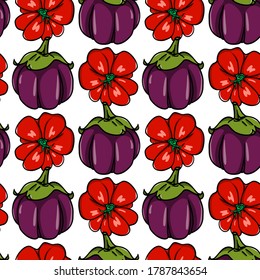 Vector seamless pattern with hand drawn ripe Barbarella eggplants and red heirloom tomatoes. Ink drawing, cool vegetables design elements, perfect for prints and patterns