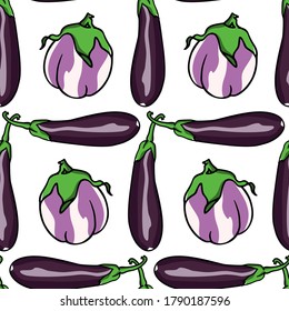 Vector seamless pattern with hand drawn ripe Rosa Bianca and Santana eggplants. Cool vegetable design elements, perfect for prints and patterns