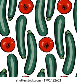 Vector seamless pattern with  hand drawn Raven zucchini and red beefsteak tomatoes. Ink drawing, beautiful vegetarian design elements. Perfect for prints and patterns