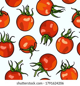 Vector seamless pattern with hand drawn Minibel cherry tomatoes. Beautiful food design elements, perfect for prints and patterns.