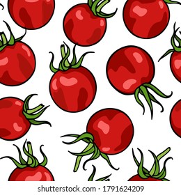 Vector seamless pattern with hand drawn Tumbling Tom Cherry tomatoes. Beautiful food design elements, perfect for prints and patterns.