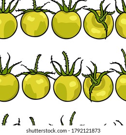 Vector seamless pattern with hand drawn Tumbling Tom Yellow cherry tomatoes. Beautiful food design elements, perfect for prints and patterns.