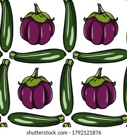 Vector seamless pattern with hand drawn ripe Raven zucchini and Barbarella eggplants. Ink drawing, beautiful vegetarian design elements. Perfect for prints and patterns