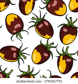 Vector seamless pattern with hand drawn Bosque Blue Bumblebee cherry tomatoes. Beautiful food design elements, perfect for prints and patterns.