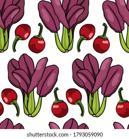 Vector seamless pattern with hand drawn Purple Bok Choy and ripe cherry peppers. Ink drawing, beautiful vegetarian design elements. Perfect for prints and patterns