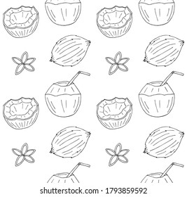 Vector seamless pattern of hand drawn doodle sketch different coconut isolated on white background