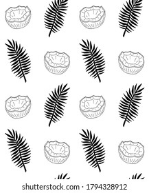 Vector seamless pattern of hand drawn doodle sketch coconut and palm leaves isolated on white background