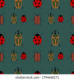 Vector seamless pattern with hand drawn beetles made in retro style. ladybug seamless pattern, abstract texture; vector art illustration.blue background.Great for textile,fabric,wrapping paper,and any