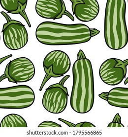 Vector seamless pattern with hand drawn ripe zucchini and green Thai eggplants. Beautiful food design elements, perfect for prints and patterns.