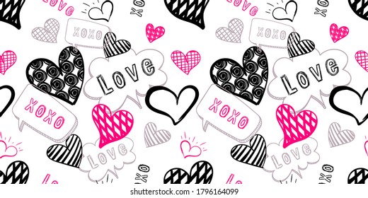 Vector seamless pattern, hand drawn doodle hearts, love illustration, background template, black and pink scribble lines on white background, talk bubbles, colorful backdrop.