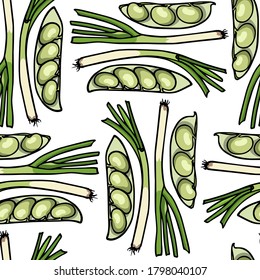Vector seamless pattern with hand drawn broad beans and spring onions. Beautiful food design elements, ripe vegetables illustration. Perfect for prints and patterns