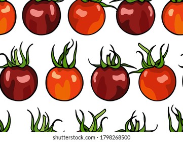 Vector seamless pattern with hand drawn Minibel and Chocolate Cherry tomatoes. Beautiful food design elements, perfect for prints and patterns.