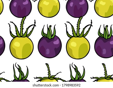 Vector seamless pattern with hand drawn Tumbling Tom Yellow and Blue Berries cherry tomatoes. Beautiful food design elements, perfect for prints and patterns.