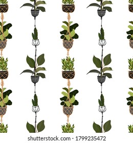 Vector seamless pattern with hand drawn tropical house plants isolated on white background. Flat colorful vector illustration of home garden plants on pot. Fabric design, textile, wrapping paper etc.