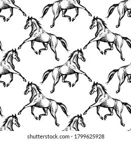 Vector seamless pattern with hand drawn running thoroughbred horses. Beautiful design elements, charcoal drawing