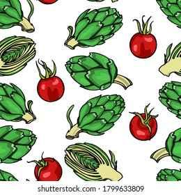 Vector seamless pattern with hand drawn ripe cherry tomatoes and green artichokes. Beautiful healthy food design elements, ink drawing. Perfect for prints and patterns