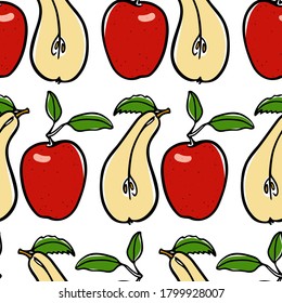 Vector seamless pattern with hand drawn juicy red apples and pears. Beautiful food design elements, perfect for prints and patterns