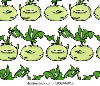 Vector seamless pattern with hand drawn ripe kohlrabi. Beautiful food design elements, ink drawing. Perfect for prints and patterns