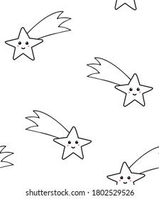 Vector seamless pattern of hand drawn doodle sketch flying star with face isolated on white background