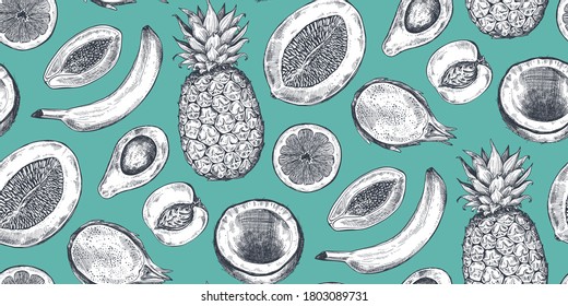 Vector seamless pattern with hand drawn exotic fresh fruits in sketch style. Detailed vegetarian food drawing. Tasty endless background.