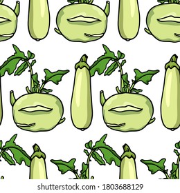 Vector seamless pattern with hand drawn ripe Magda zucchini and kohlrabi. Beautiful food design elements, ink drawing. Perfect for prints and patterns