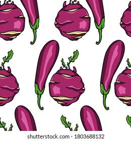 Vector seamless pattern with hand drawn ripe purple kohlrabi and eggplants. Beautiful food design elements, ink drawing. Perfect for prints and patterns