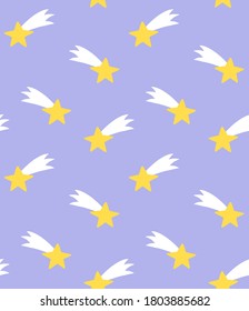 Vector seamless pattern of hand drawn doodle sketch colored flying star isolated on pastel blue background