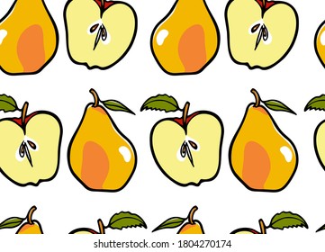 Vector seamless pattern with hand drawn ripe juicy pears and apples. Beautiful food design elements, perfect for prints and patterns