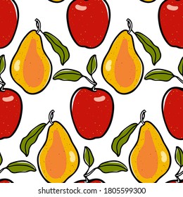 Vector seamless pattern with hand drawn ripe juicy pears and red apples. Beautiful food design elements, perfect for prints and patterns