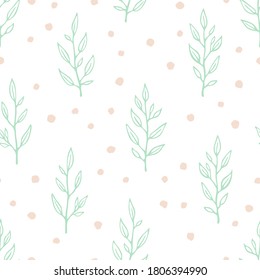 Vector seamless pattern with hand drawn small branches and dots. Cute simple design for wallpaper, fabric, textile, wrapping paper